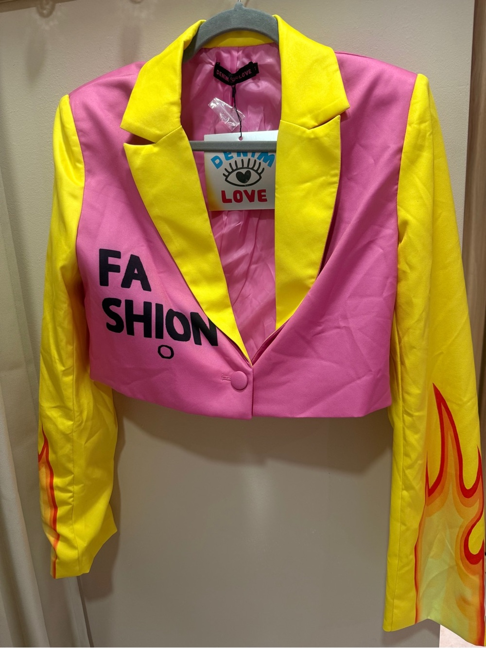 Trendy boutique Pink and Yellow Cropped Flame-Accent Blazer